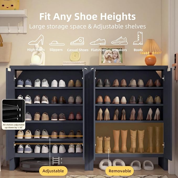 Shoe Cabinet, 5-Tier and 3 doors Shoe Storage Cabinets with Fluted Doors and Adjustable Shelves, Thickened Wood Freestanding for Entryway, Hallway, Closet, Organizer Rack, Natural Oak JBSC002BK