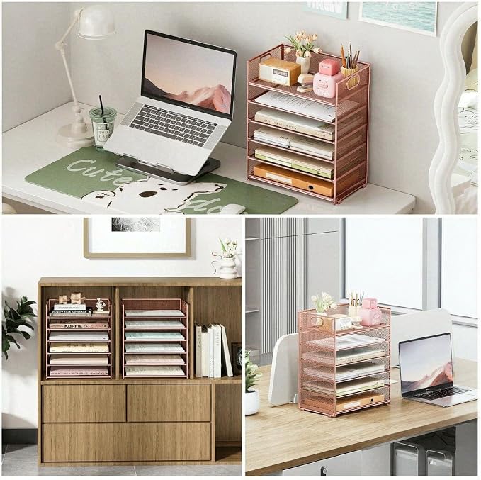 6 Trays Paper Organizer with Handle - Mesh Desk File/Letter Paper Sorter Organizer for Office, Home or School (Rose Gold)