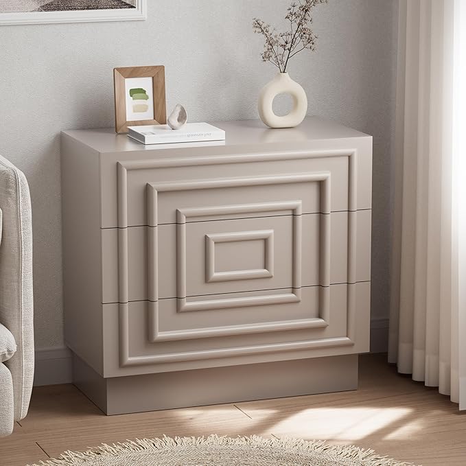Aoikax Modern 3-Drawer Dresser, Sculptural Mid-Century Drawer of Chest with Geometric Square Pattern, Contemporary Accent Dresser for Bedroom, Living Room, Taupe Color