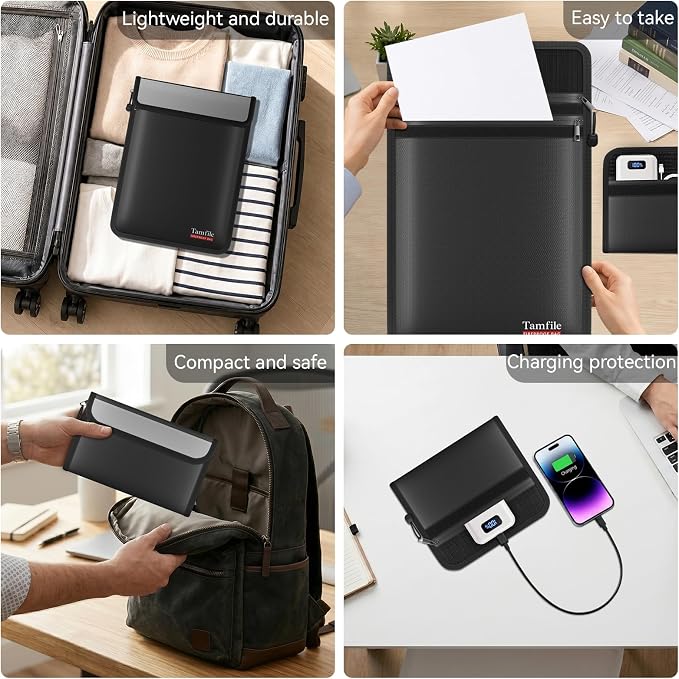 Tamfile Fireproof Document Bag with 2 Pack Fireproof Organizer Travel Bag | 5200℉, Heat-Resistant, Water-Resistant, 8 Layers Safe Money Bag, Storage for Important Documents, Cash, Valuables, Black