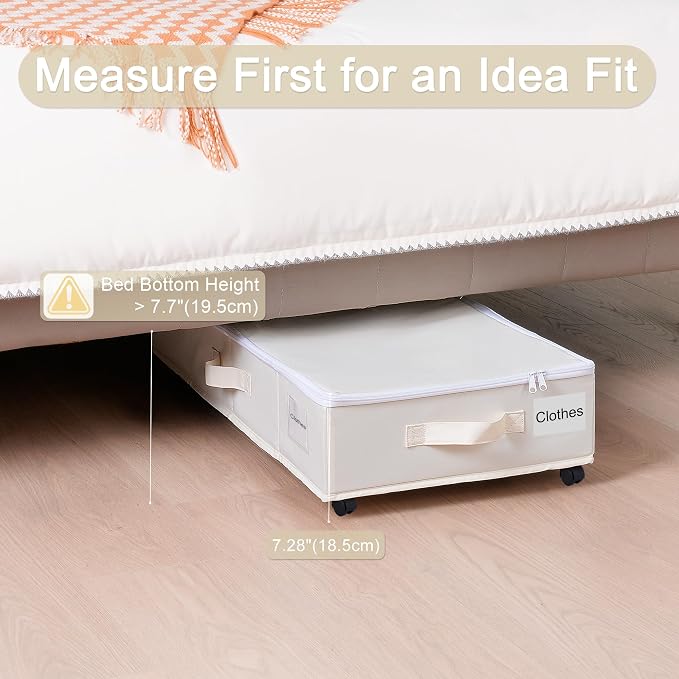 Vincona Under Bed Storage with Wheels, 2 Pack Under Bed Storage Containers with Label Holders for Clothes, Shoes and Blankets, Rolling Underbed Shoe Organizer with Cover, Beige (30.71x15.7x7.28 in)