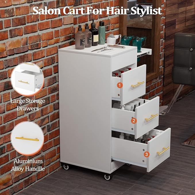 Salon Trolley Cart with Wheels, 3-Drawer Rolling Hair Styling Station, Mobile Beauty Trolley with Hot Tools Holder, Storage for Salon, Barbershop, Spa & Tattoo, White