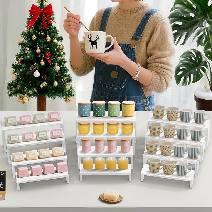 Large 2 Set wood tone Wooden Tiered Display Stands 4 Tier Stackable Pine Wood Display Risers, Suitable for Vendor Events, Cupcake Stands, cake stand Wooden Dessert Table Sets, Vendor Booth Displays,Cosmetic & Perfume Display Tools, Kitchen Spice Storag...