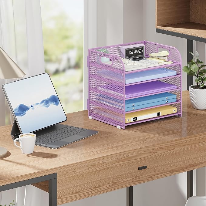 Cawukege 5 Tier Paper Organizer with Handle, Metal Mesh Desk Organizer File Folder Paper Letter Tray Desktop Document Sorter for Classroom, School, Office Accessories Organization and Storage - Purple