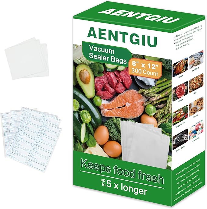 AENTGIU 300-Count Food Vacuum Sealer Bags 8 x 12 inch, Thick BPA-Free Sous Vide Bags Compatible with Most Vac Machines, Food Saver, Seal a Meal, Commercial Grade Quart Precut Meal Prep Storage Bags