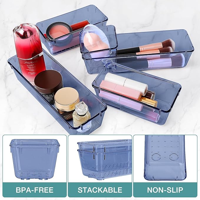 StorMiracle 25 PCS Drawer Organizer Set, 5 Varied Size Bathroom and kitchen Drawer cabinet organizer Trays, Clear Storage Bins for Makeup, Jewelry, Utensils and Gadgets, Dark Blue