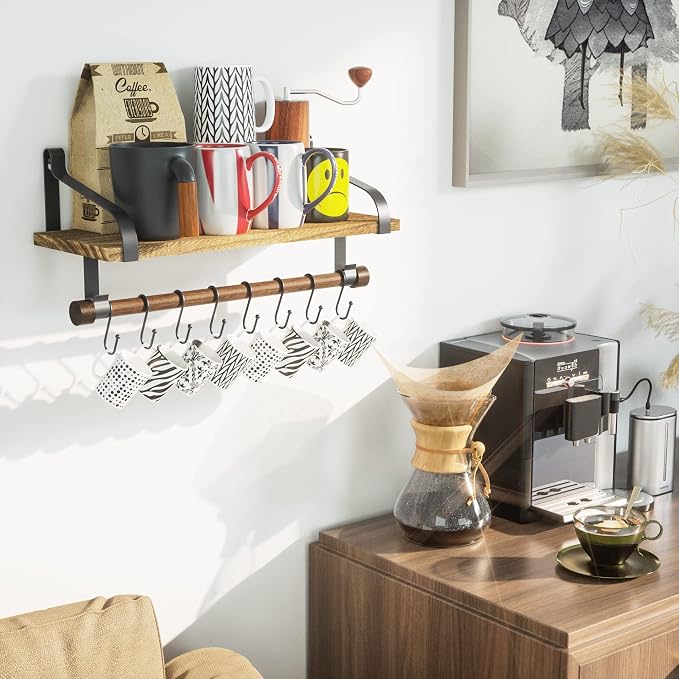 Love-KANKEI 17.3"Floating Wall Shelf Solid Wood,Coffee Bar Carbonized Black | Spice Rack,Towel Bar/8 Hooks,40 Lbs/shelf,Easy to Install,For Kitchen,Bathroom,Living Room,Bedroom,Office,Entryway Display