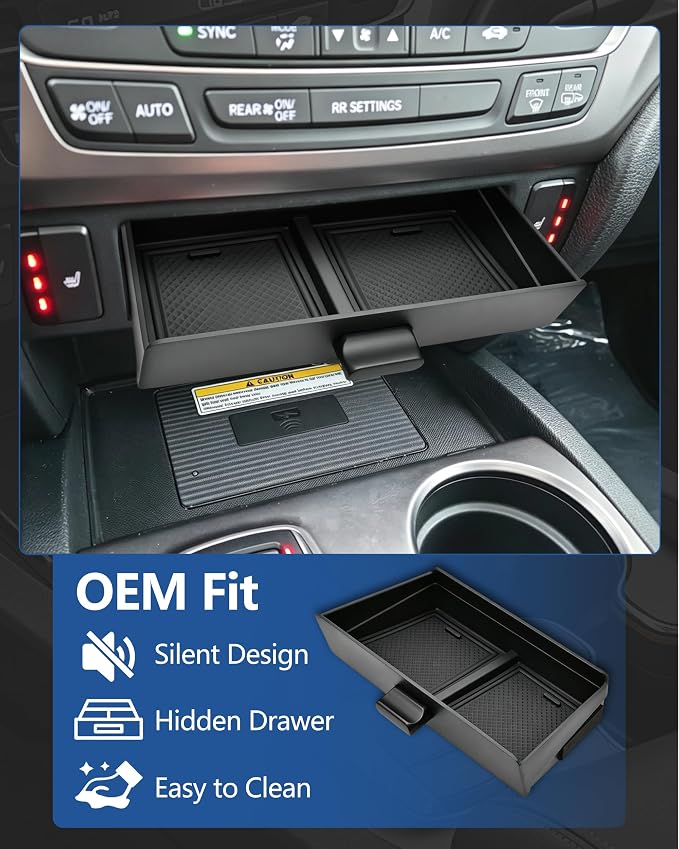 Center Console Organizer for Honda Ridgeline 2017-2026/ Pilot 2016-2022 | for Passport 2019-2025, ABS Material & Anti-Slip Drawer Storage Box Insert, Hidden Cubby Organizer Only Fit Models with Cubby
