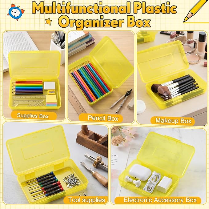 Blulu 6 Pack Large Plastic Pencil Case Box Clear Pencil Boxes Bulk Hard Crayon Box Storage with Snap Lids 8.1 x 4.7 x 2.2 Inch Painting Organizer Classroom Stationery School Supplies (Yellow)