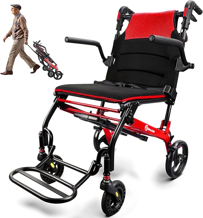 Wheelchairs for Adults Transport Chair Lightweight Foldable with Telescopic Handle, 18-Inch Seat Width Portable Folding Travel Wheel Chairs for Seniors