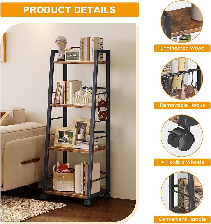 Homeiju 4 Tier Kitchen Storage Cart with Lockable Wheels & 6 Hooks, Mobile Utility Organizer Rolling Cart for Small Spaces, Bar Cart for Kitchen and Living Room, Rustic Brown