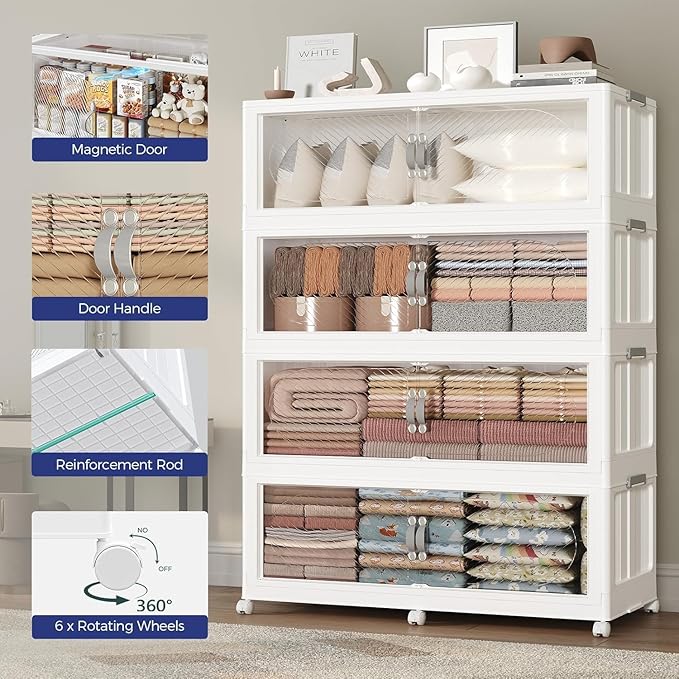 720QT Extra Large Stackable Storage Bins with Lid & Wheels & Doors, 180Gal Foldable Collapsible Closet Organizers, Plastic Cabinet Box Container Drawer for Home Kitchen Bedroom, 3Pack White