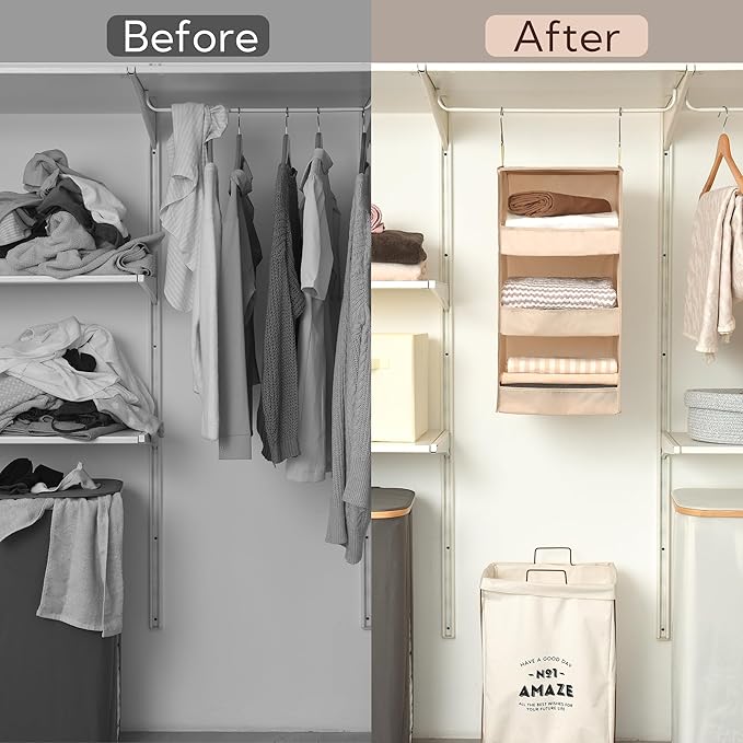 GRANNY SAYS 3 Shelf Hanging Closet Organizers and Storage, Collapsible Closet Storage Organizer with 2 Metal Hooks, Leak-Proof Hanging Shelves for Wardrobe, RV Camper, Locker, 2 Pack, Khaki