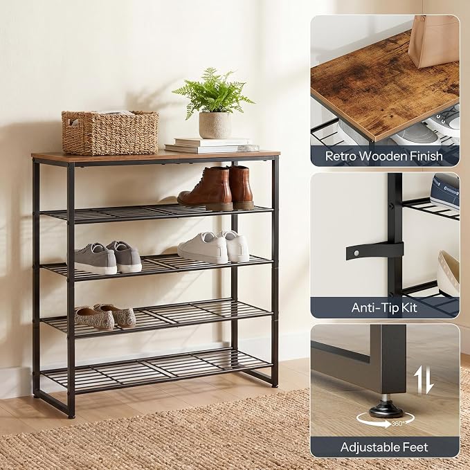 HOOBRO Shoe Rack, 5-Tier Narrow Shoe Organizer for Entryway, Holds 16-20 Pairs of Shoes, Metal Shoe Shelf with Removable Tier, Adjustable Feet, for Closet and Hallway, Rustic Brown and Black BF59XJ01
