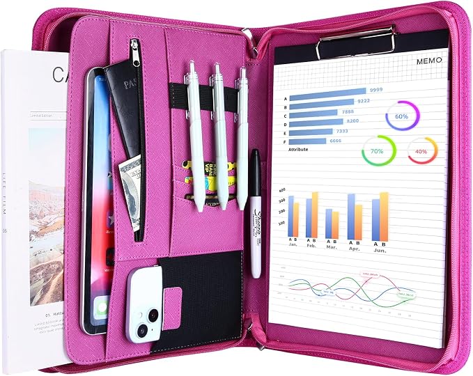ProCase Portfolio Business Padfolio Folder with Zipper -Magenta | Conference Meeting Executive File Legal Document Organizer with Pockets Letter Size A10 Writing Pad Notepad Padfolio