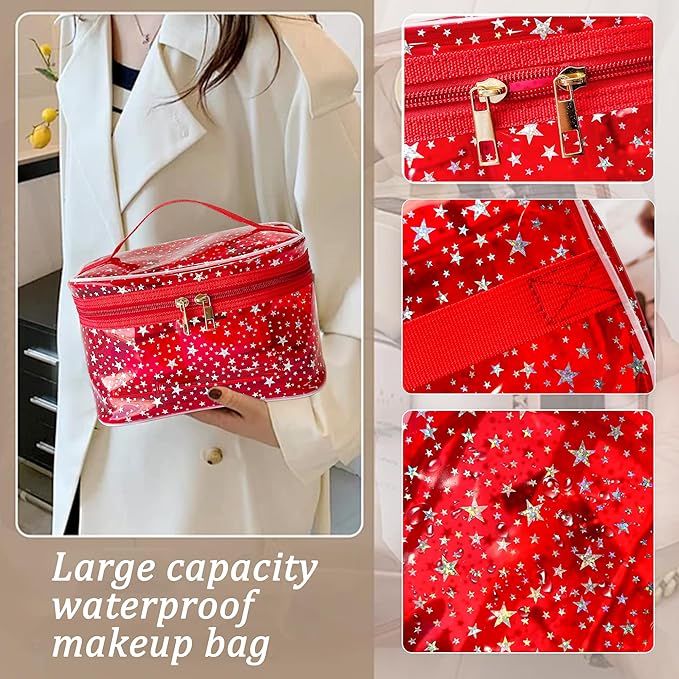 Star Print Blue PVC Makeup Bag with Handle - 8.66 * 5.51 * 5.51 inch,Clear Storage Bag Toiletry Pocket Portable Zippered Pouch Waterproof Cosmetic Organizer Bags for Women (Blue-L)
