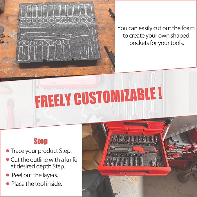 48-22-8452 Packout Foam Tool Organizer Inserts Compatible with Milwau-kee | 48-22-8442 and 48-22-84432 Drawer Boxes ,2 Pack Black/Red