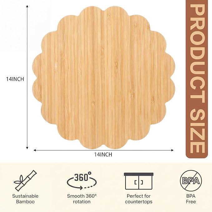 Gisafai 14-inch Scalloped Bamboo Tray 360-degree Lazy Susan Rotating Plate Turntable for Kitchen Counter, Pantry Organization and Spice Rack, Smooth Ball-Bearing Spinner for Farmhouse Decors