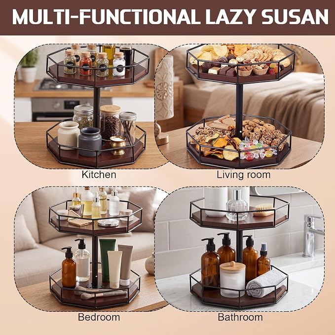 Sliner 12" Lazy Susan Organizer 2 Tier Adjustable Octagonal Spice Turntable Organizer Wooden Industrial Turntable Rotating Spice Rack for Cabinet Kitchen Countertop Pantry Bathroom