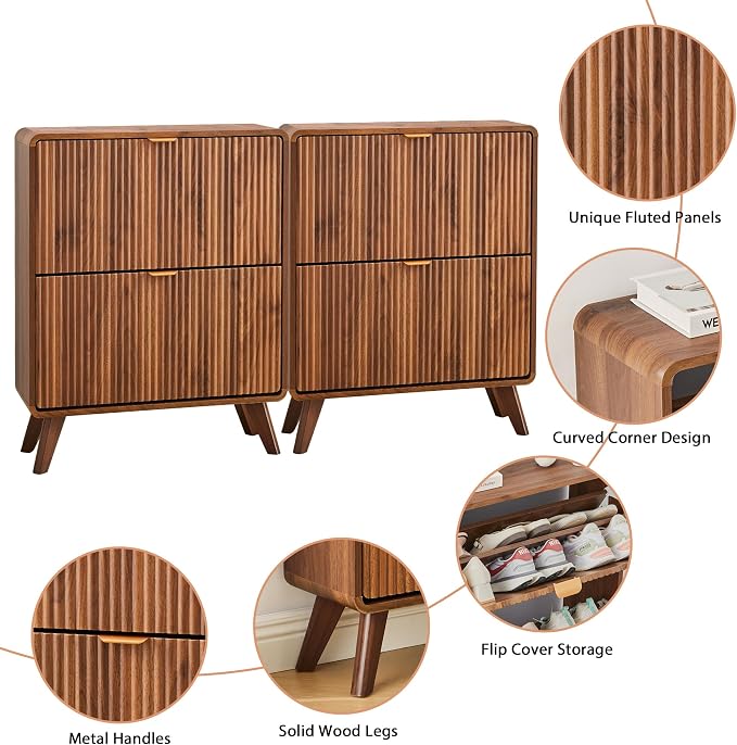 RARZOE Set of 2 Fluted Shoe Storage Cabinets for Entryway, Walnut | Narrow Curved Shoe Storage Cabinet with 2 Flip Drawers, Slim Shoe Rack Organizer for Foyer, Hallway, Fits Size 11 Shoes