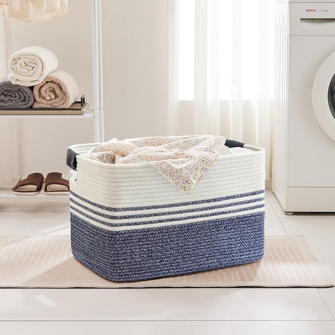 86L Woven Laundry Basket Hamper with Leather Handles,Denim Blue | 24"x16"x14", collapsible wicker hamper, storage for dirty clothes, toys, blankets, gifts, living room, bedroom, bathroom