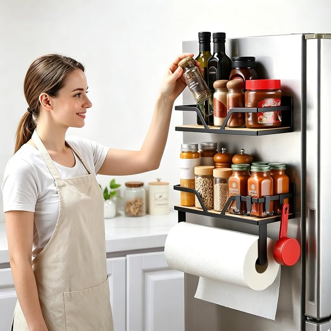 DELITON Magnetic Paper Towel Holder with Shelf - 2 Pack Wall Mount or Magnet Spice Rack for Kitchen Refrigerator RV