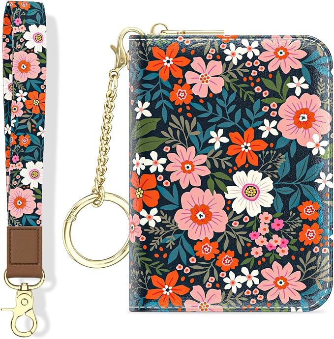 Aiawoxc Credit Card Holder, Small RFID Wallet Slim Leather Card Organizer Case with Zipper and Wristlet Strap, Cute Flowers