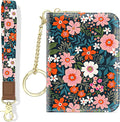 Aiawoxc Credit Card Holder, Small RFID Wallet Slim Leather Card Organizer Case with Zipper and Wristlet Strap, Cute Flowers