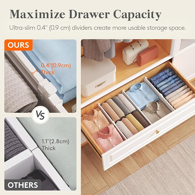 Lifewit 5" Tall 9 Pack Drawer Dividers, 30-47cm/11.5-18.5" Expandable Drawer Divider for Clothes, Adjustable Dresser Drawer Organizers, Drawers Separators for Dresser/Bathroom/Closet/Kitchen White