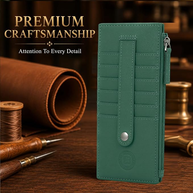 Leatherboss Genuine Leather Women's All in One Credit Business Card Case Holder Slim Zipper Wallet With a Card Protection Strap, Forest Green
