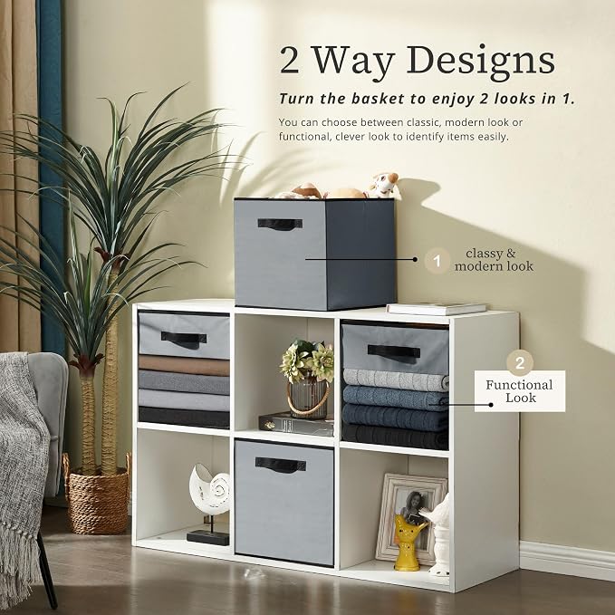 DECOMOMO Storage Bins, Cube Storage Bin with Window | 13" Cube, 6 Pack, Fabric Storage Cubes for Shelves (Grey)