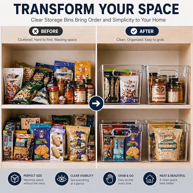 MOONEDGE 4 Pack Clear Plastic Storage Bins 11x8x6in Storage Containers | Drawer Organizer with Handles, Clear Bins for Organizing, Pantry, Kitchen, Fridge, Bath, Cabinet, Closet Shelf, Under-Sink