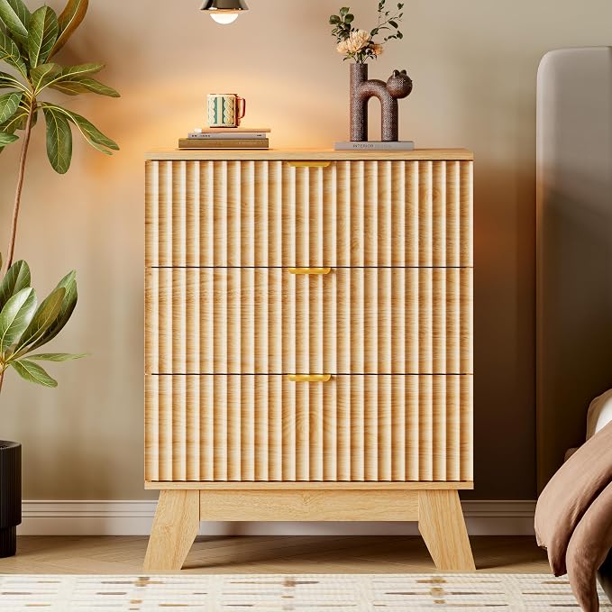 BORNOON Fluted 3 Drawer Dresser, 30.3" Tall Compact Modern Boho Chest of Drawers, Wooden Storage Cabinet for Bedroom, Living Room, Entryway, Curved Profile Design