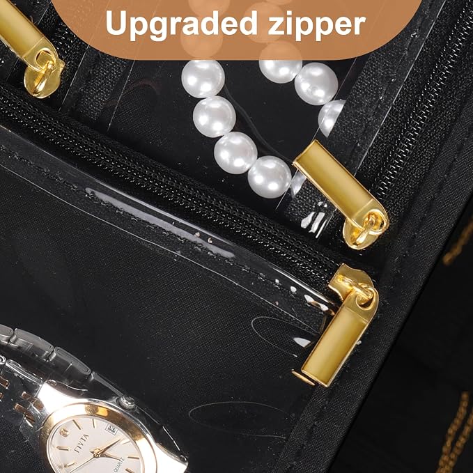 Leather Travel Jewelry Case Organizer,Jewelry Storage Book Binder with Clear Zipper Pouch & Lining-Portable Jewelry Bag for Earrings,Rings,Necklaces,Bracelets (3 PCS Black- Inner Pages)