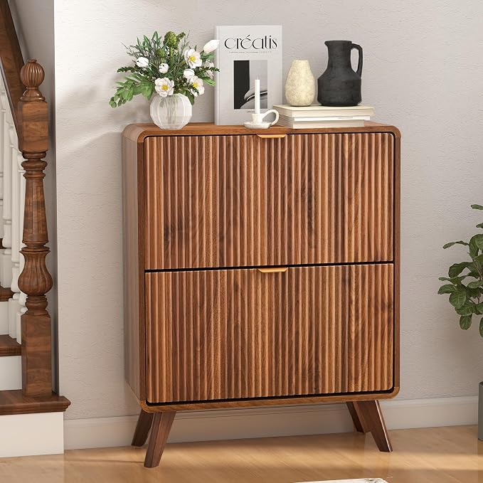 RARZOE Fluted Shoe Cabinet for Entryway, 27.5''Walnut | Narrow Curved Shoe Storage Cabinet with 2 Flip Drawers, Slim Shoe Rack Organizer for Foyer, Hallway, Fits Size 11 Shoes