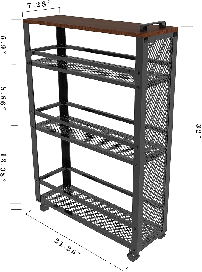2026 New, Slim Kitchen Storage Cart, 3-Tier Metal Rolling Utility Cart Mesh Basket, Multifunction Wire Basket Shelf Trolley for Home Laundry, Bathroom, Living Room, Black