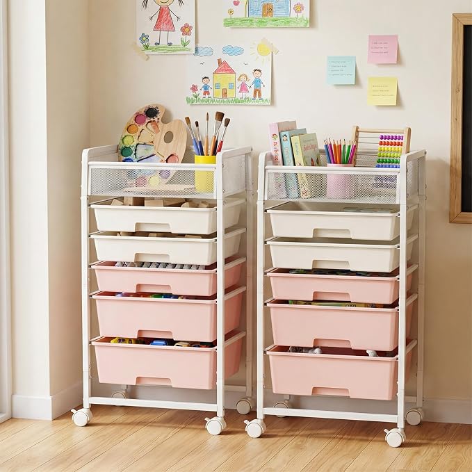 2 Pack Rolling Craft Cart with 5 Drawers, Craft Cart with Wheels, Art Cart Organizer and Storage, Rolling Utility Cart with Handles for Organizing Crafts, Yarn, Toys, School Supplies, etc