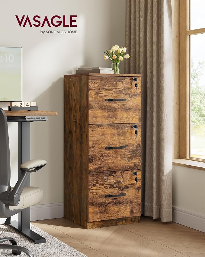 VASAGLE Custos Collection File Cabinet, 3 Drawer Filing Cabinet for Home Office, with Wheels, for A4, Letter Sized Documents, Hanging File Folders, Rustic Brown UOFC055K101S