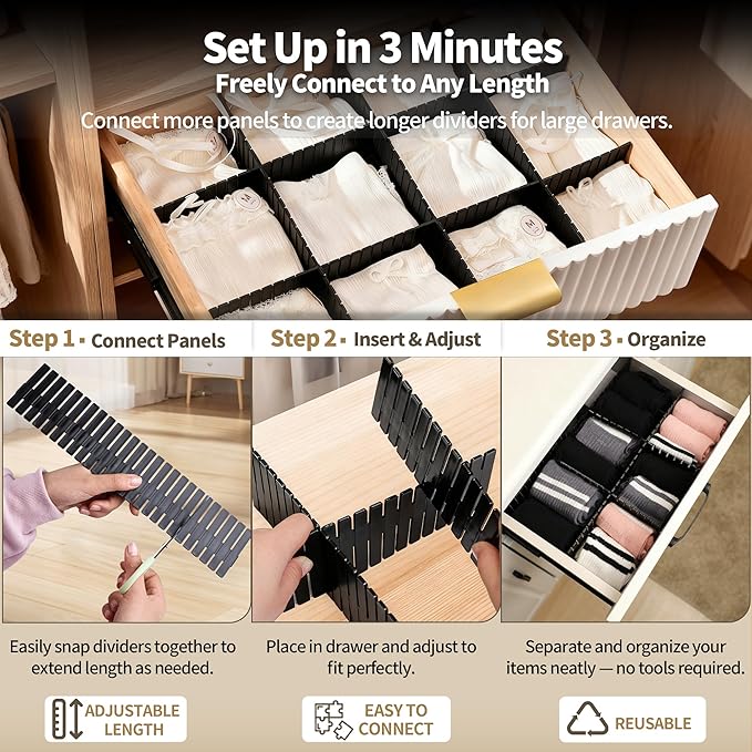 Drawer Divider Adjustable Diy Storage Organizer Separator for Tidying Clutter Cutlery Makeup Clothes of Dresses, Desk & Box in Kitchen Bathroom Bedroom Office (Cut at Will) (Black 8pcs)