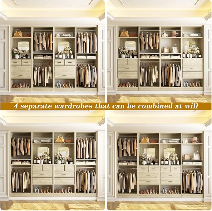 Unikito 100" Closet System with Drawers, 8.3FT Wood Closet Organizer with Hanging Rods, Mirror and Shelves, Large Walk-In Closet Organization Towers, White Oak