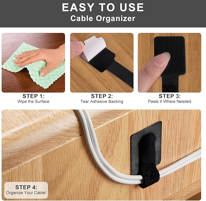 20-Pack Large Reusable Self-Adhesive Cable Ties cable management Adjustable Hook & Loop Straps for Organizing Data Cables, Wires, Headphones Under-Table Cord Management for Home, Office
