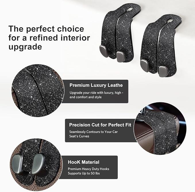 CoBak Purse Hook for Car - Universal Premium Stitched Leather and Aluminum-Magnesium Alloy Double Car Seat Back Storage Hook for Purses, Handbags, Bags (2 Pack),Glitter Black