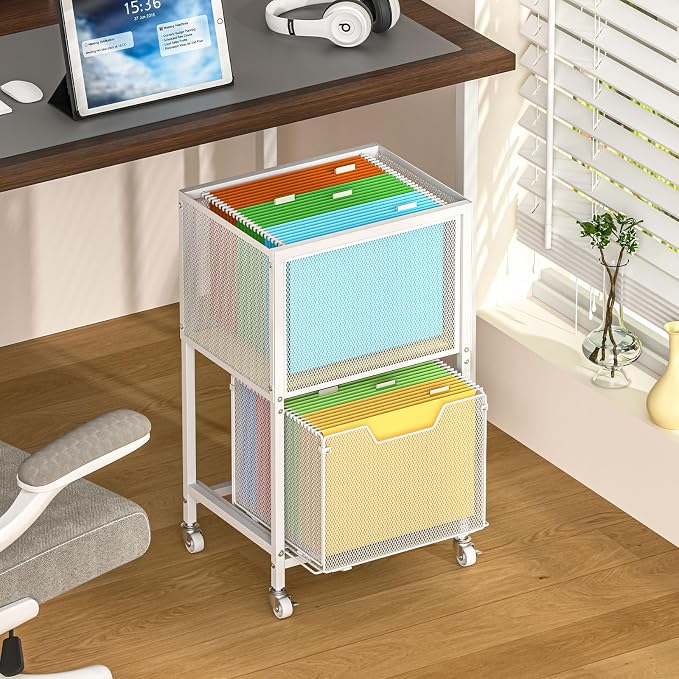Tiaoheka Rolling File Cart, Mobile File Cabinet with Wheels Hanging Files, Hanging File Organizer Fit Letter/Legal Size Beside Under Desk for Office, Home White（Patent Pending）