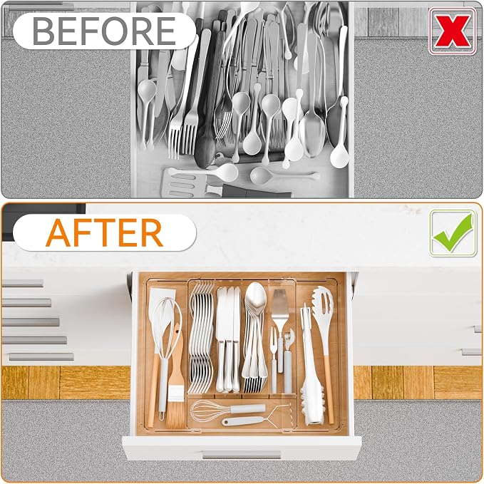 Yieach Clear Expandable Silverware Drawer Organizer,9.4-15.6In Adjustable Silverware Tray for Drawer,Acrylic Kitchen Utensil Drawer Organizer for Cutlery,Flatware Organizers and Fork and Spoon Holder