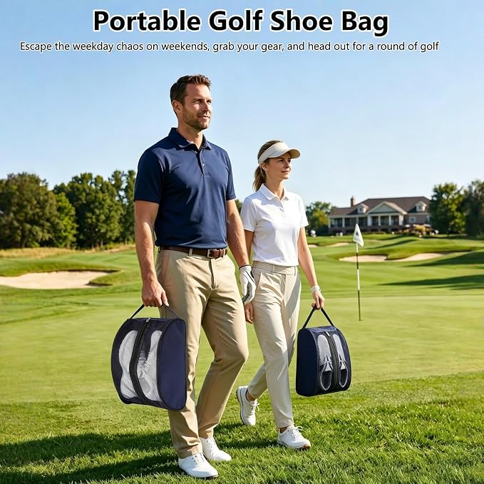 Golf Shoe Bag with Full Top Mesh Ventilation, Zippered Sports Shoe Carrier for Travel, Fits up to Size 13 Men Women (Navy)