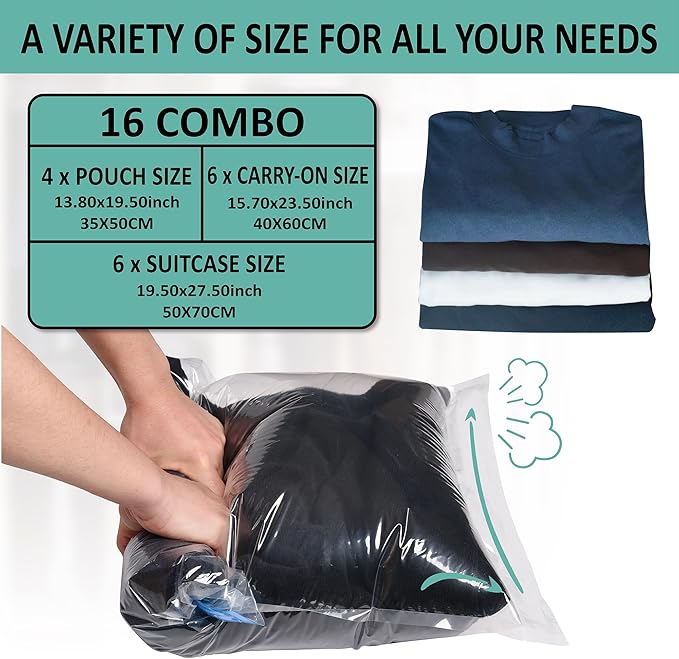 Cozy Essential Compression Bags for Travel - Travel Essentials - 16 Pack Space Saver Bags - No Vacuum Needed - Compression Packing Bags for Cruise Accessories