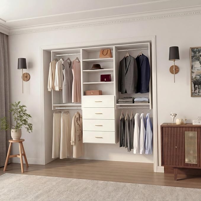 34.5" Double Hanging Closet Module, White MDF Closet Organizer System with 2 Aluminum Hanging Rods, Wall-Mounted Wardrobe Storage for Shirts, Pants, Coats, Bedroom, Walk-In Closet Unit