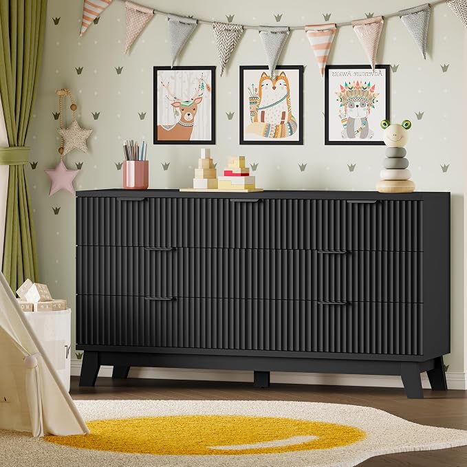 BORNOON 57" Long Dresser for Bedroom, 7-Drawer Fluted Chest, Wide Wood Storage Dresser with Metal Slides and Handles, Stable Base, Modern Clothes Organizer for Primary Suite, Guest Room, Nursery