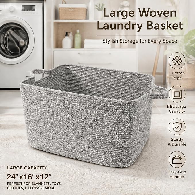 96L XXXLarge Woven Laundry Basket with Sturdy Handles - Grey | Machine washable,Space-Saving Collapsible Design,Cotton rope, blanket basket living room,for toys clothes nursery bathroom
