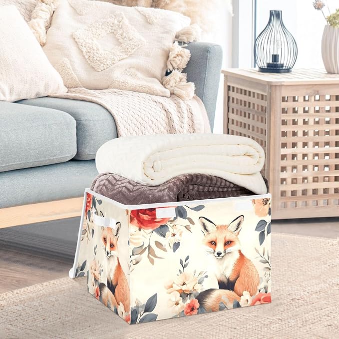 Flower-like Fox Lidded Storage Bins with Handles - 16.5"x12.6"x11.8" Foldable Organizing Box, Oxford Fabric & Honeycomb Board, Dust-Proof Flip Lid for Closet/Office